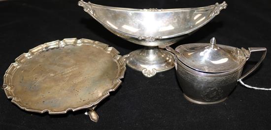 A Scottish George III silver mustard, Edinburgh, John McDonald (date rubbed), a silver navette-shaped pedestal dish and a silver waiter